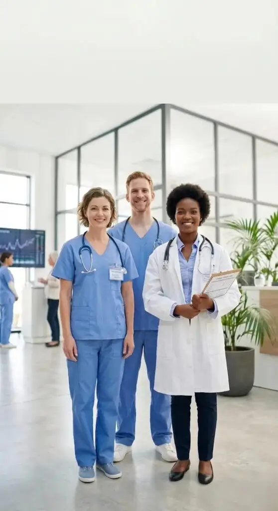 A high-resolution photograph of a diverse medical team consisting of three UK healthcare professionals—two women and one man standing together in a modern, bright clinic hallway. They are smiling confidently, dressed in blue medical scrubs and a white doctor's lab coat with stethoscopes, representing a clinical environment managed with the help of a specialist healthcare accountant.