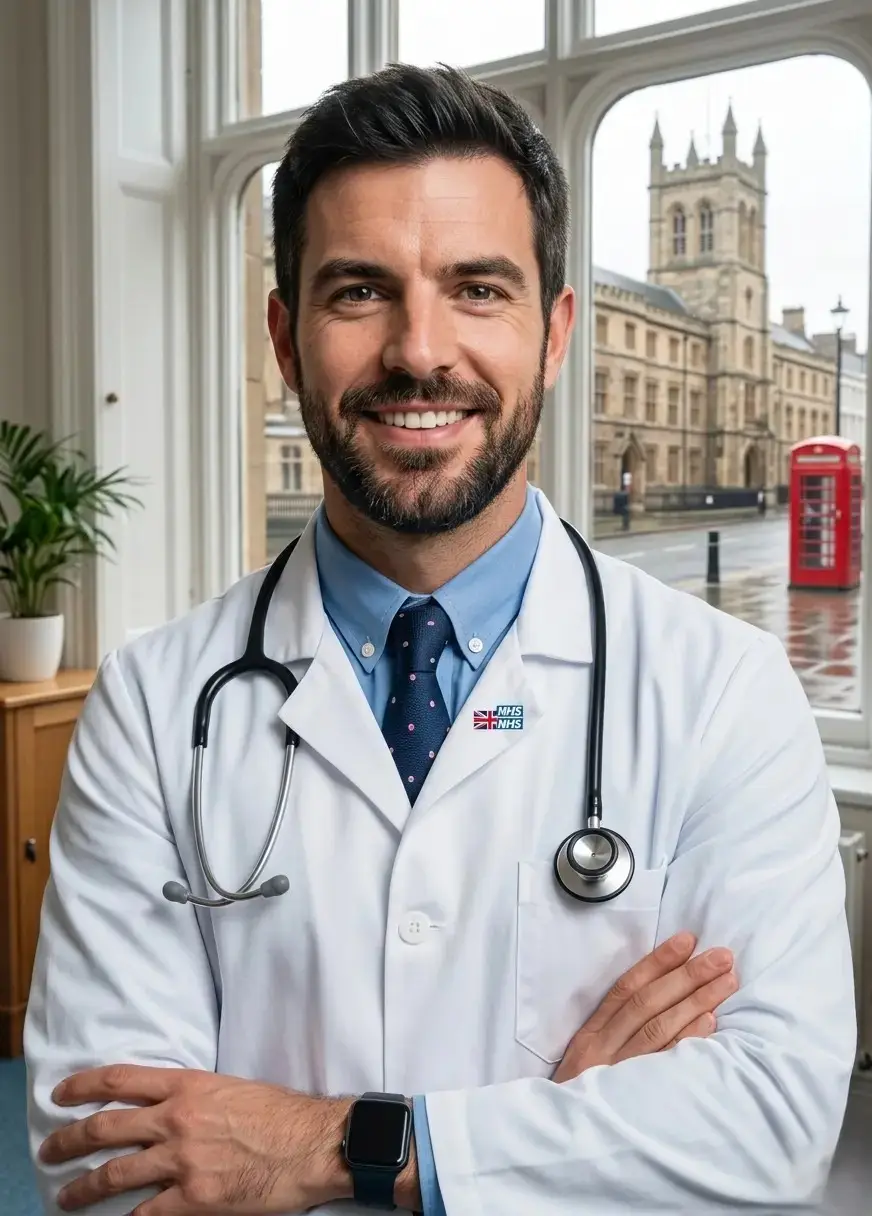 A professional headshot of a smiling specialist healthcare accountant with short grey-streaked hair, wearing a navy blue blazer and holding a silver pen, sitting at a classic mahogany desk with bookshelves, a laptop, and a globe. The background through a window shows a London red telephone box and historic buildings.