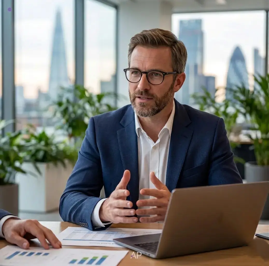 A natural-looking UK citizen working as a healthcare accountant, sitting at an office desk in London and discussing financial metrics, representing Specialist Healthcare Accountants UK.