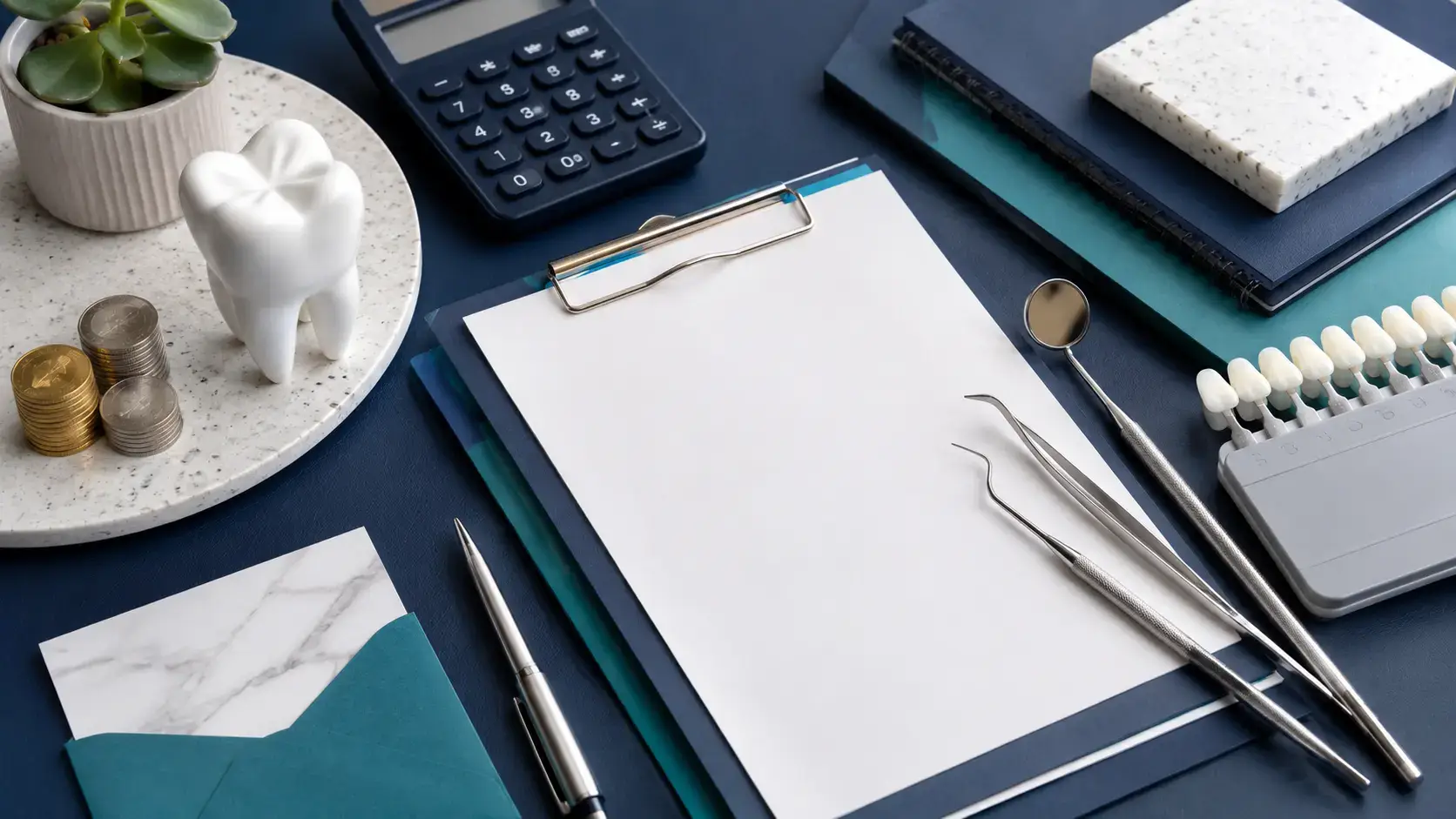 Cosmetic dentistry VAT concept with dental tools, tooth model, calculator, coins and blank paperwork for dental practice tax compliance.