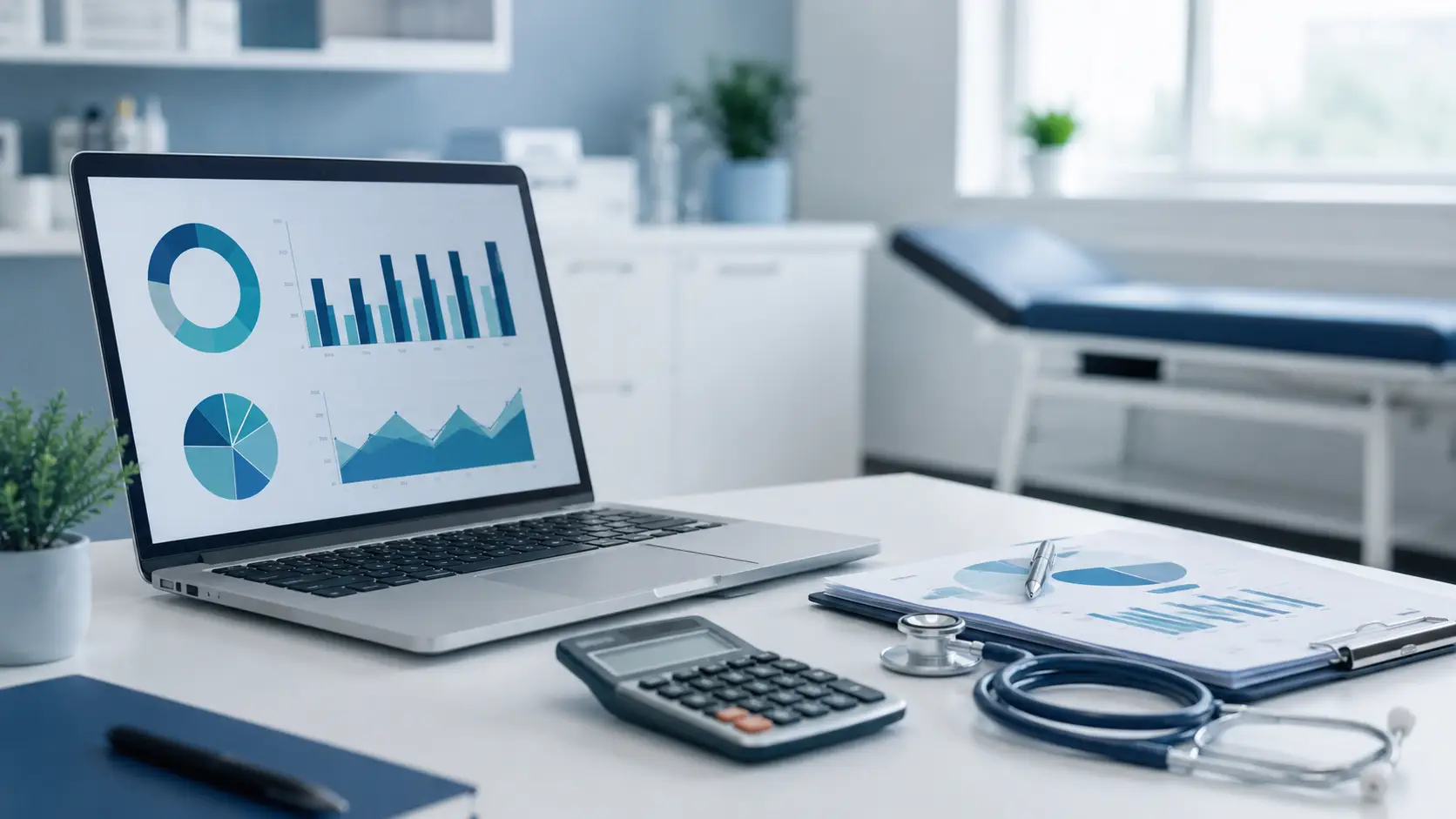 GP practice internal audit 2026 concept showing financial review tools in a modern medical office