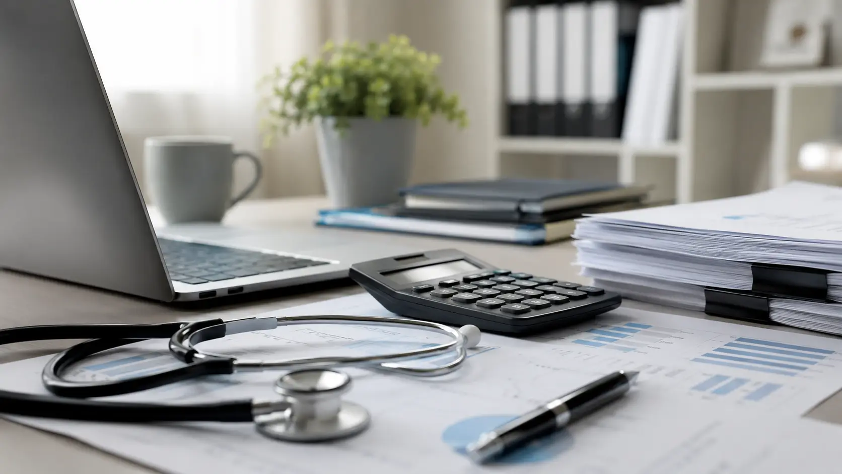 Locum doctor tax return 2026 concept with medical documents, calculator and laptop in a modern office