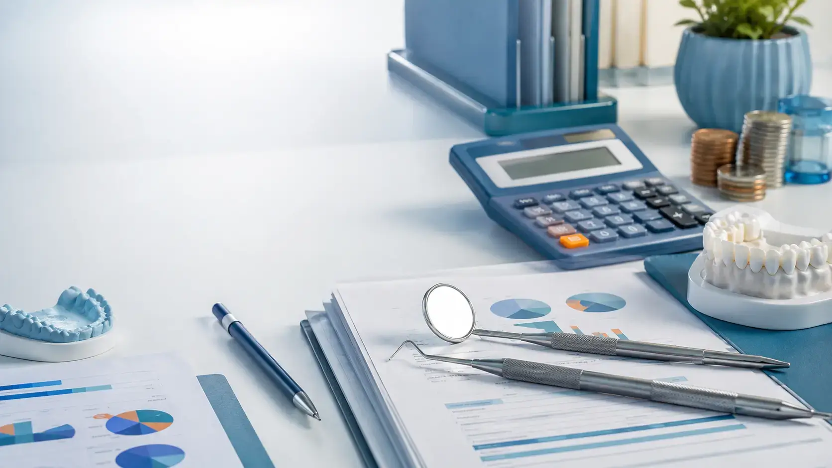 Dental tools, calculator and financial papers for NHS superannuation dental associate UK planning