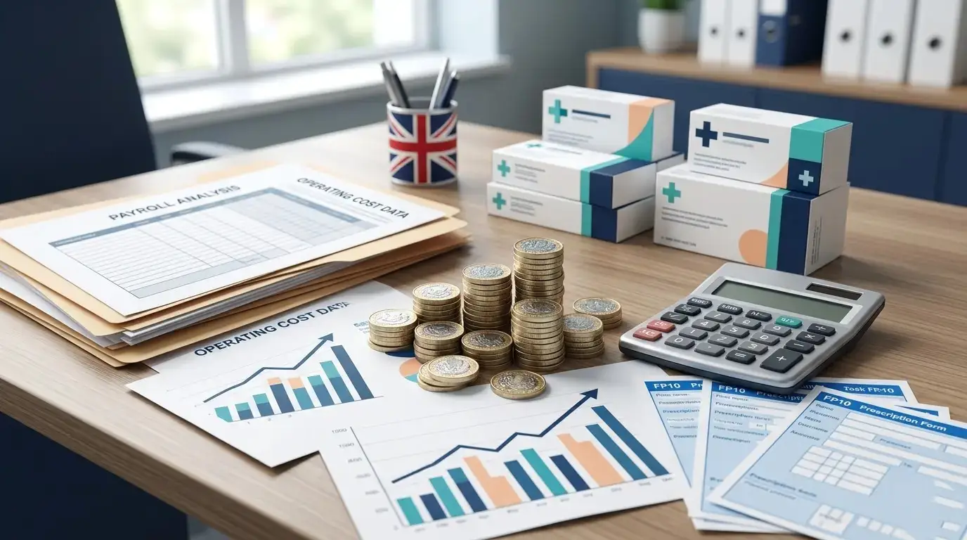 April 2026 cost increases community pharmacy payroll planning with UK pound coins, calculator, prescription papers and pharmacy finance documents.