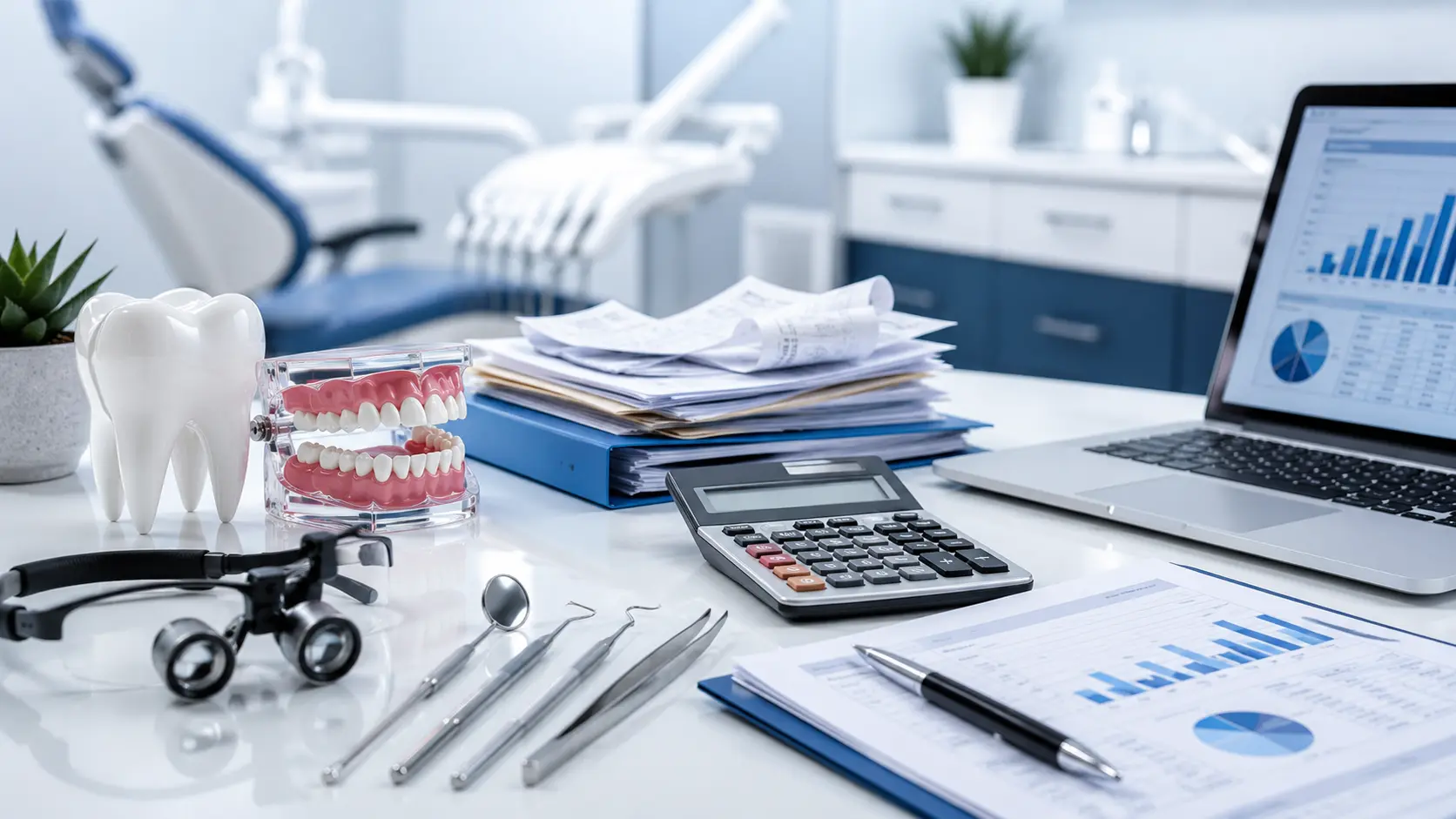 Dental associate Self Assessment 2026 guide showing dental tools, tax paperwork, calculator and financial reports in a modern dental clinic.