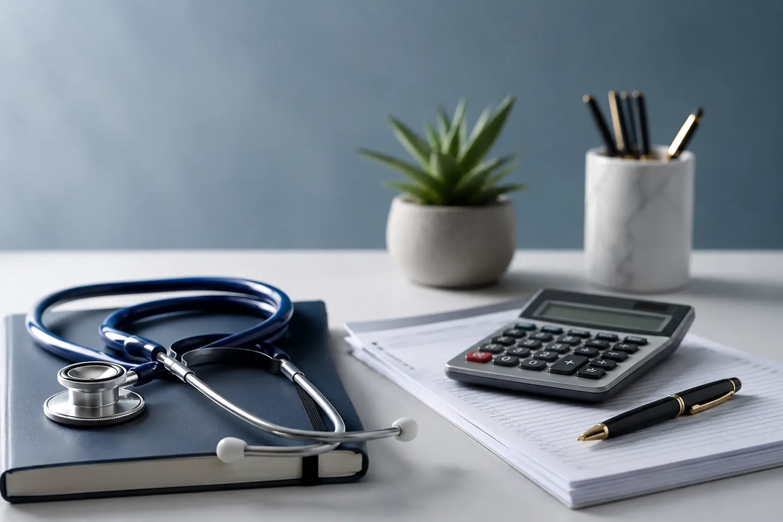 NHS doctor going private 2026 guide with stethoscope, calculator and financial documents on a desk