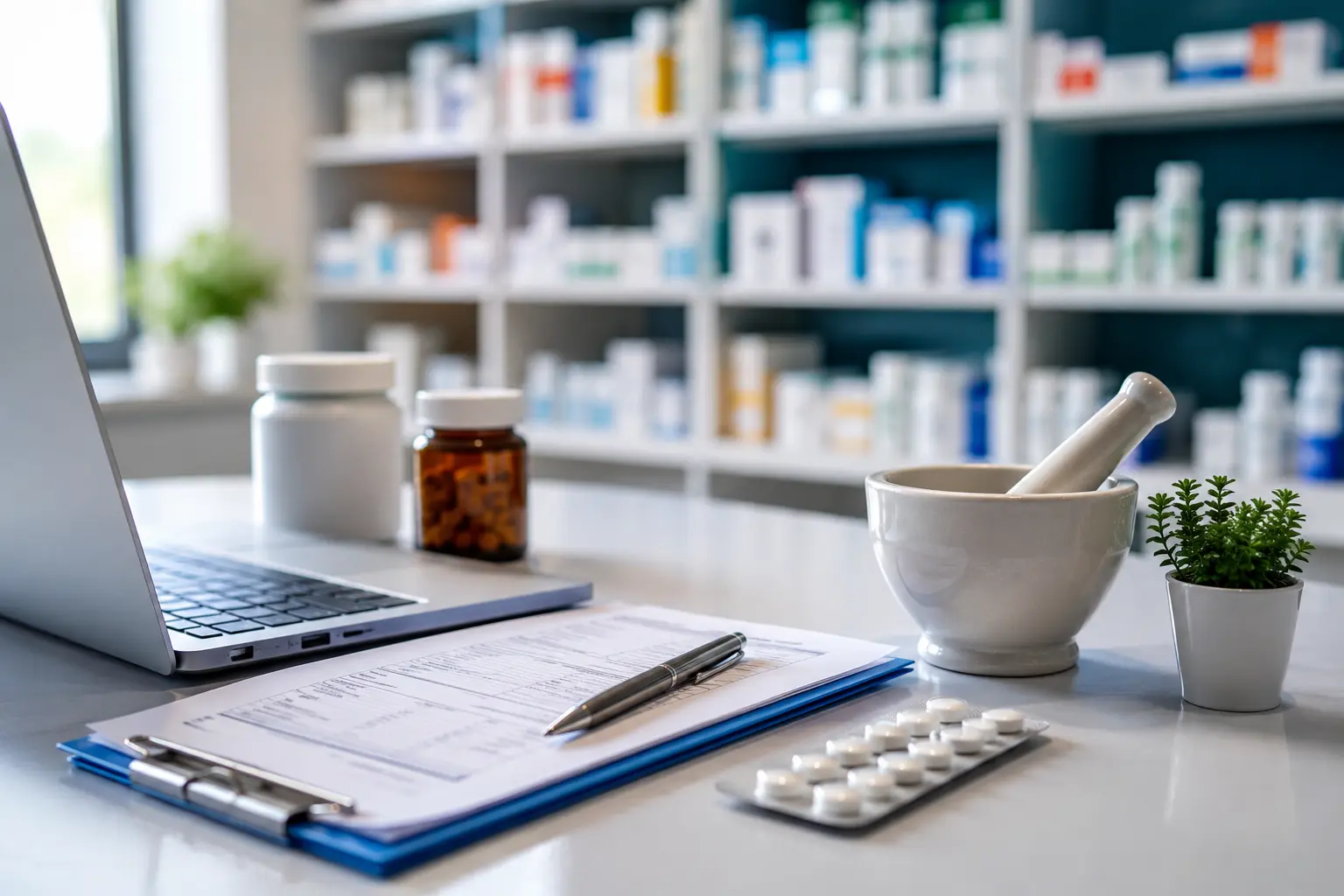 Pharmacy independent prescribing income 2026 guide with medicines, laptop and accounting paperwork in a modern pharmacy.