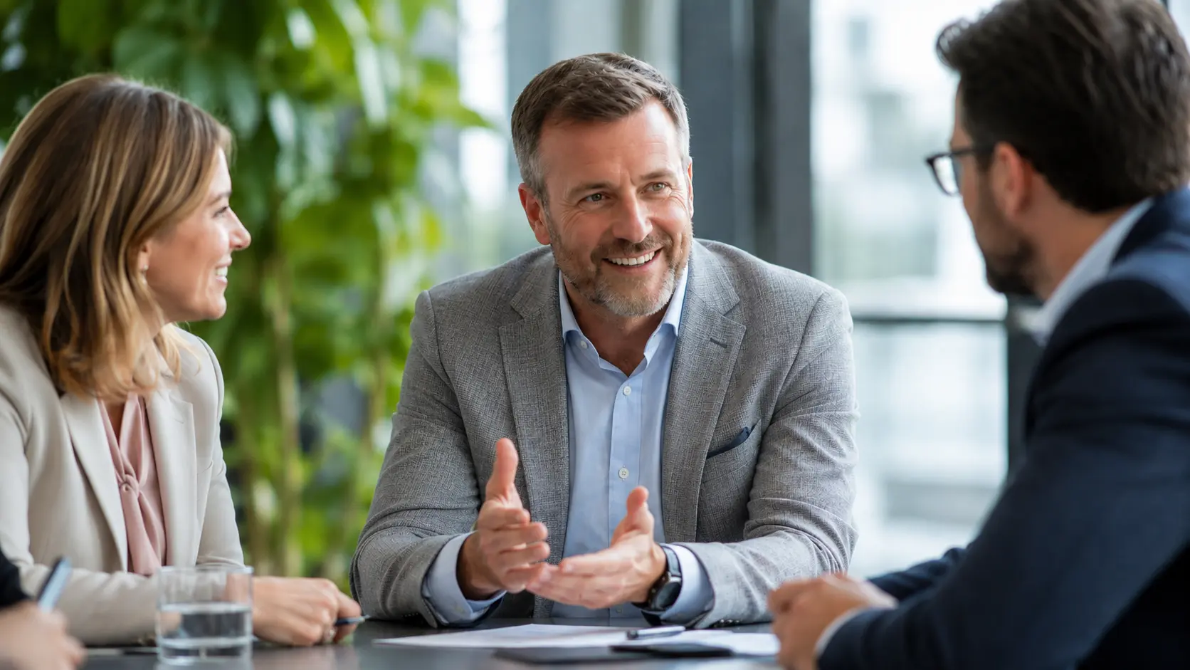Medical healthcare professionals discussing payroll and accounting support in a modern office meeting