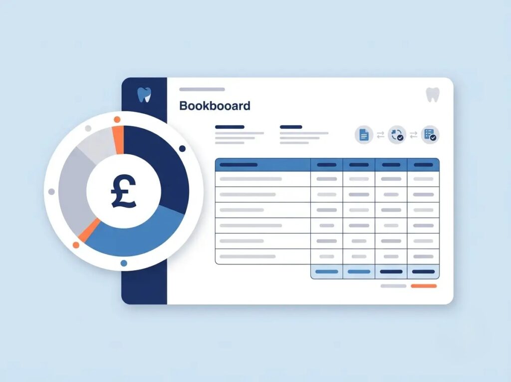 Financial dashboard representing bookkeeping for a multi-site dental group