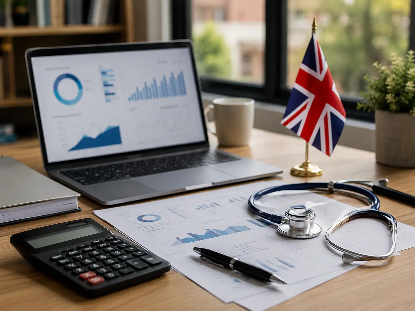 NHS Pension Annual Allowance planning desk with UK flag, financial charts, calculator and stethoscope for doctors and dentists