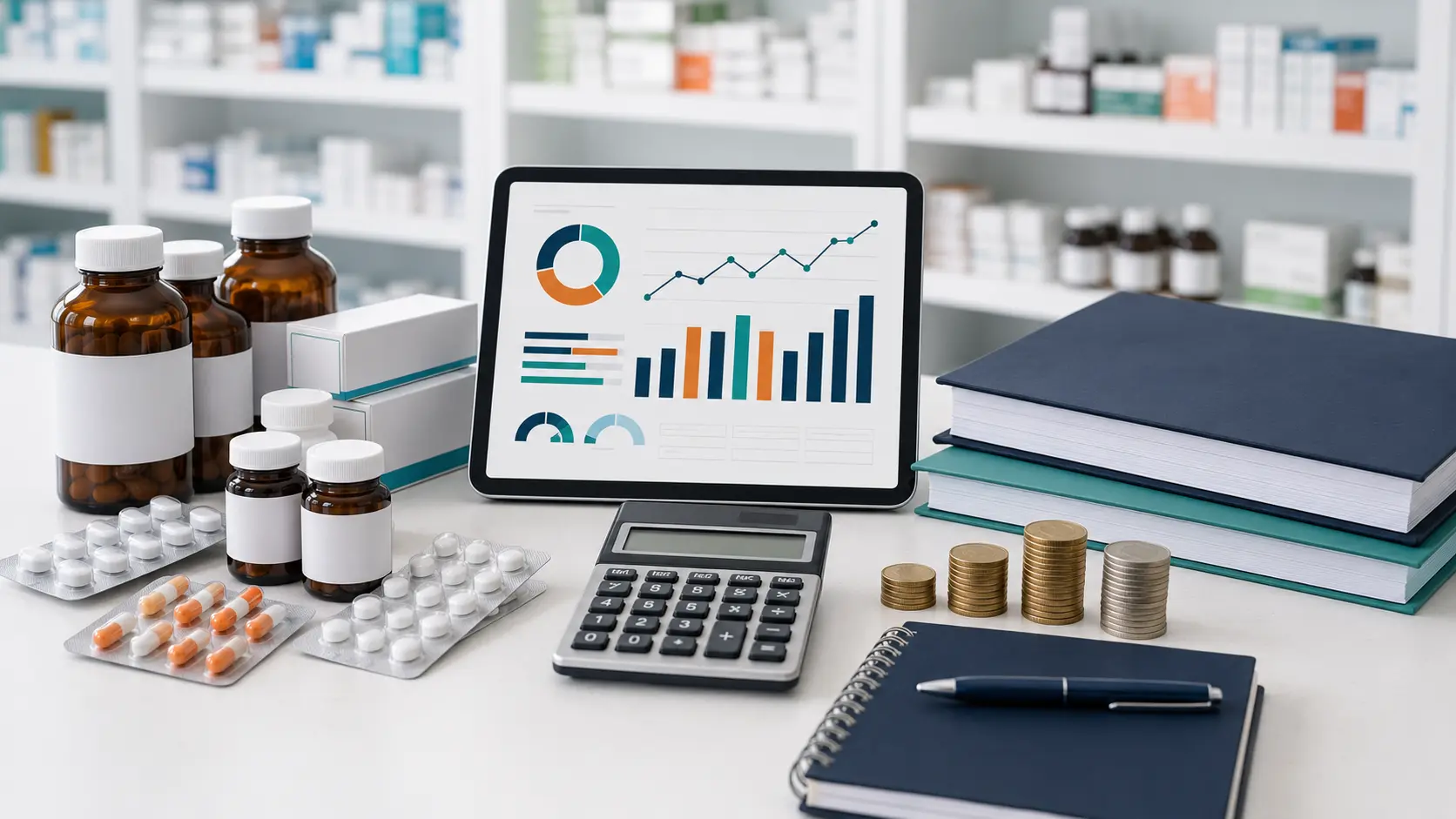 What a pharmacy accountant does, shown through medicine stock, financial charts, accounting records and business analysis