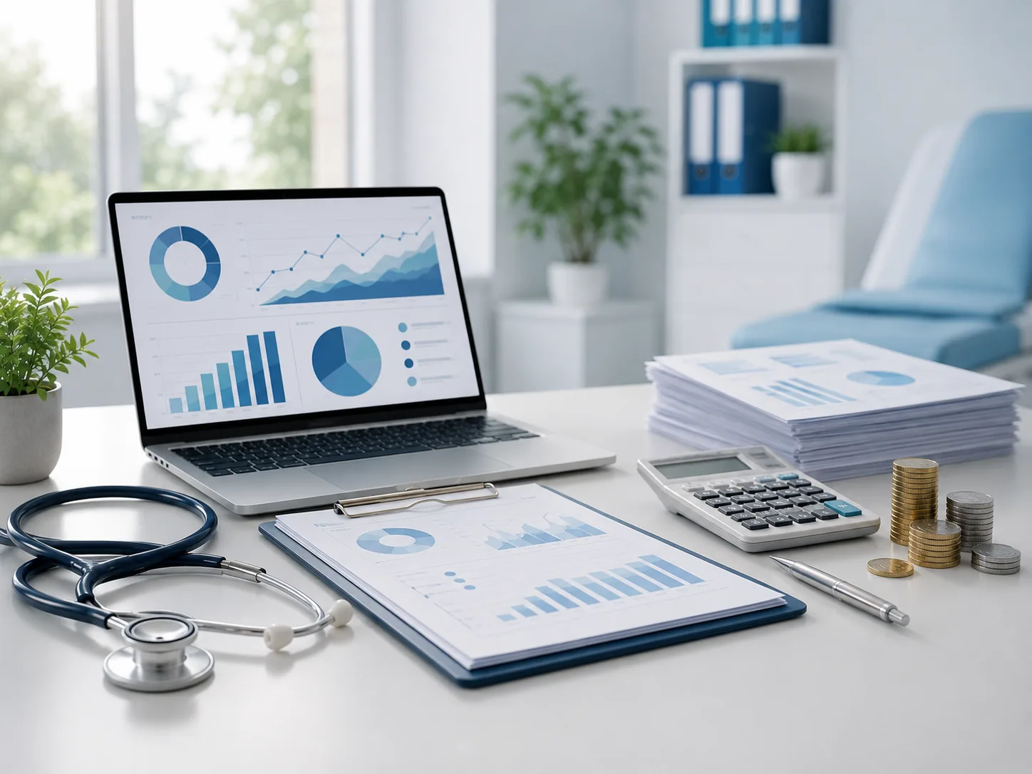 Financial KPIs for healthcare practices shown through financial charts, calculator, stethoscope and accounting reports in a modern clinic workspace.