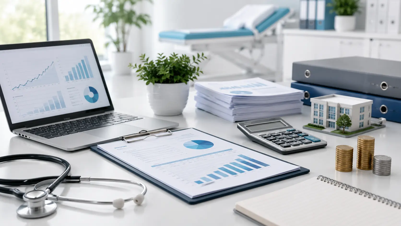 Healthcare practice profitability analysis with financial charts, calculator, stethoscope, clinic model and coins on a modern office desk.