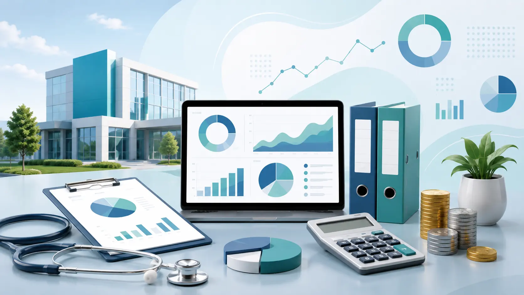 Management accounts for healthcare practices illustrated with financial charts, calculator, stethoscope, clinic building and accounting records.