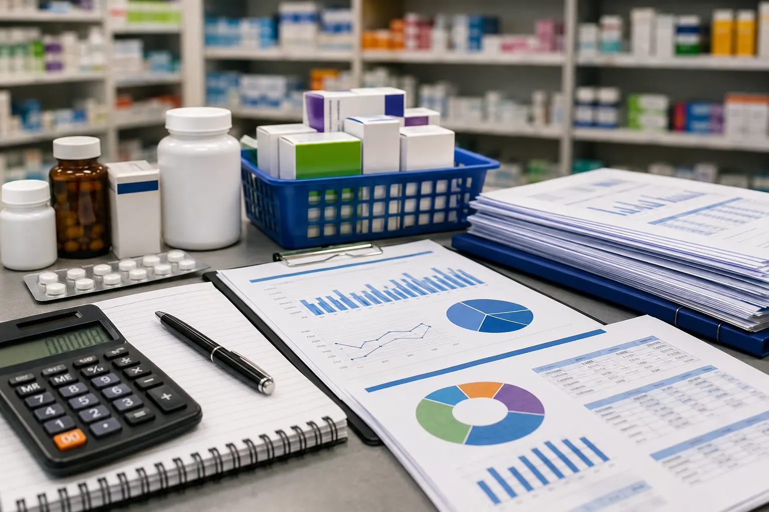 Pharmacy management accounts with financial KPI reports, calculator, medicines and stock analysis in a community pharmacy.