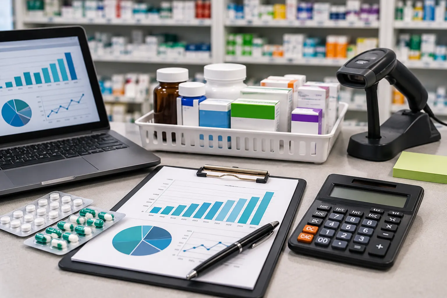 Pharmacy stock accounting with medicine inventory, financial charts, calculator and stock valuation records in a community pharmacy.