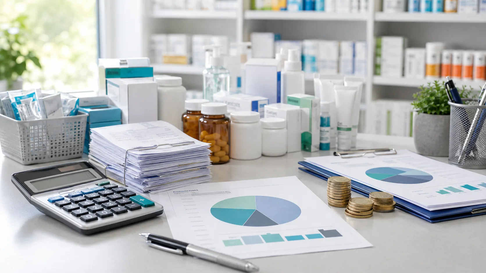 Pharmacy VAT partial exemption illustrated with medicine stock, financial reports, calculator and accounting records in a UK community pharmacy.