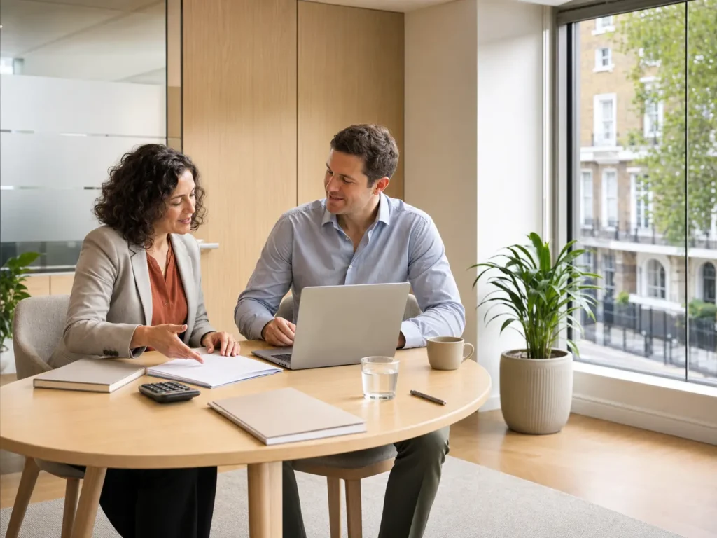 Healthcare accountant discussing bookkeeping and payroll with a private clinic group director