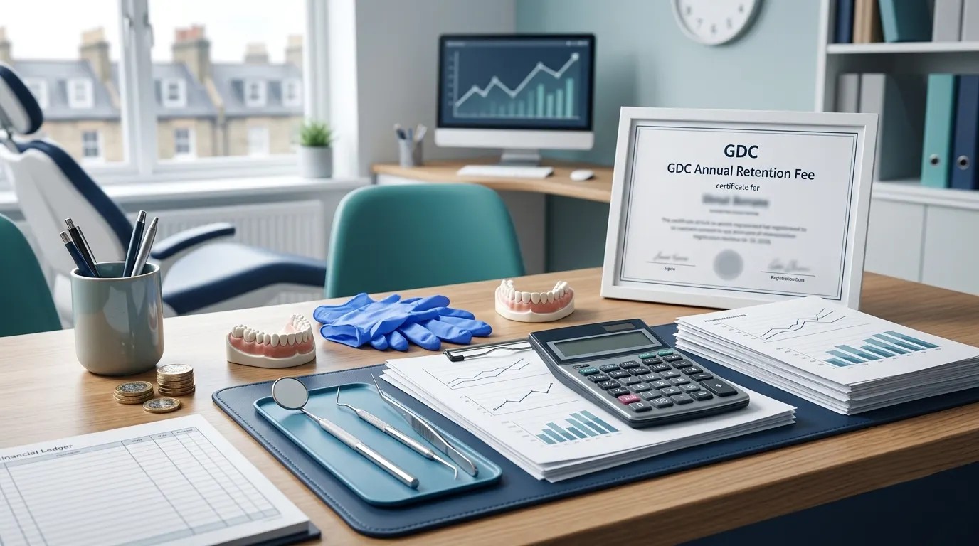 Dental accounting desk representing the 2026 GDC fee increase and tax treatment