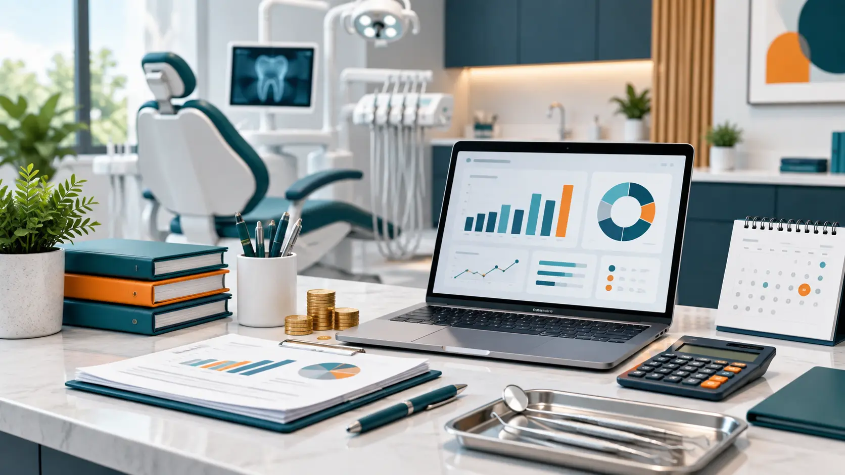 Dental practice payroll and financial reporting workspace with payroll data, calculator and dental clinic equipment.