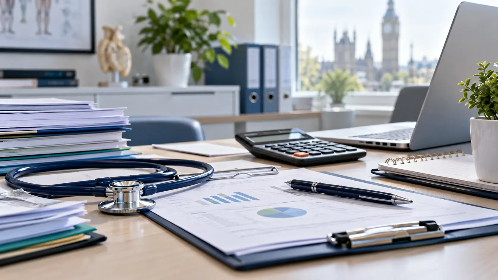 GP Locum Forms A and B NHS pension administration with stethoscope, financial documents and calculator