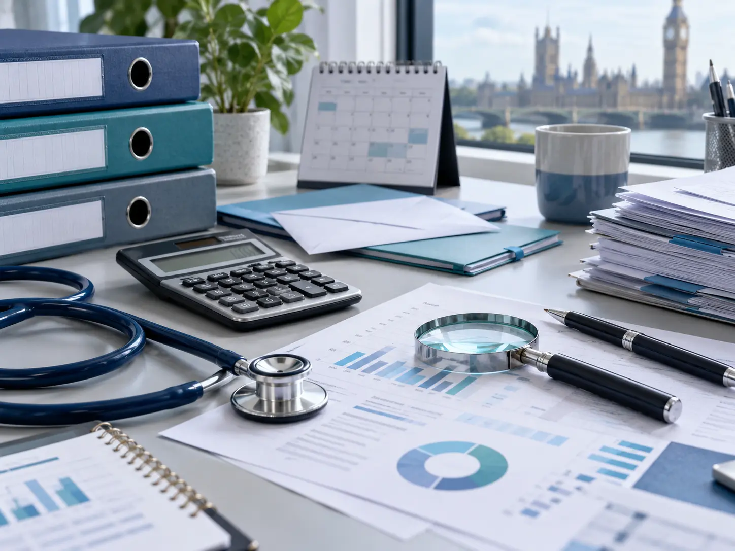 NHS pension McCloud remedy and RPSS review with medical stethoscope, pension documents, calculator and financial records.