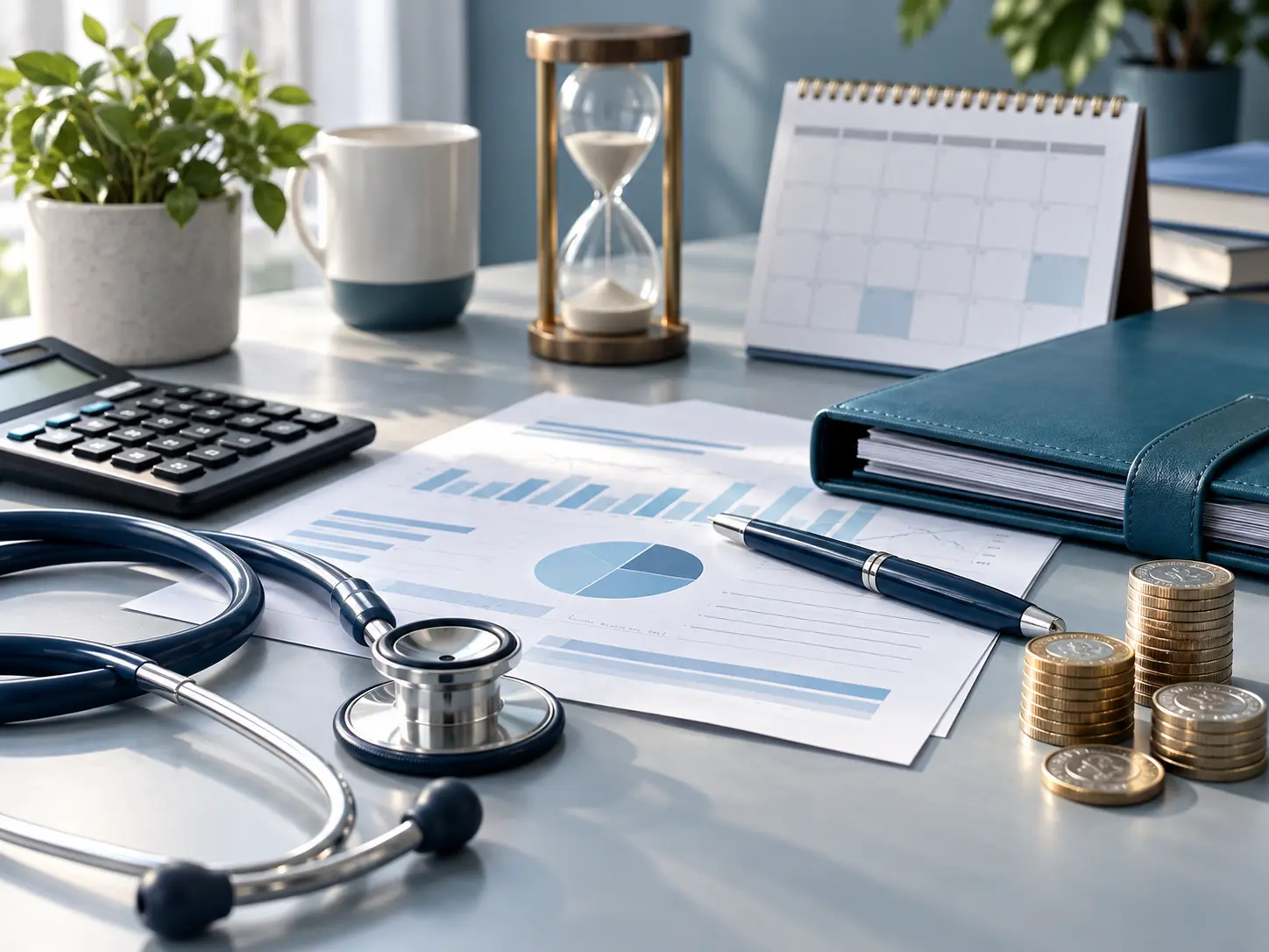 NHS Pension Scheme Pays planning with medical stethoscope, financial documents, calculator, calendar and pension savings.