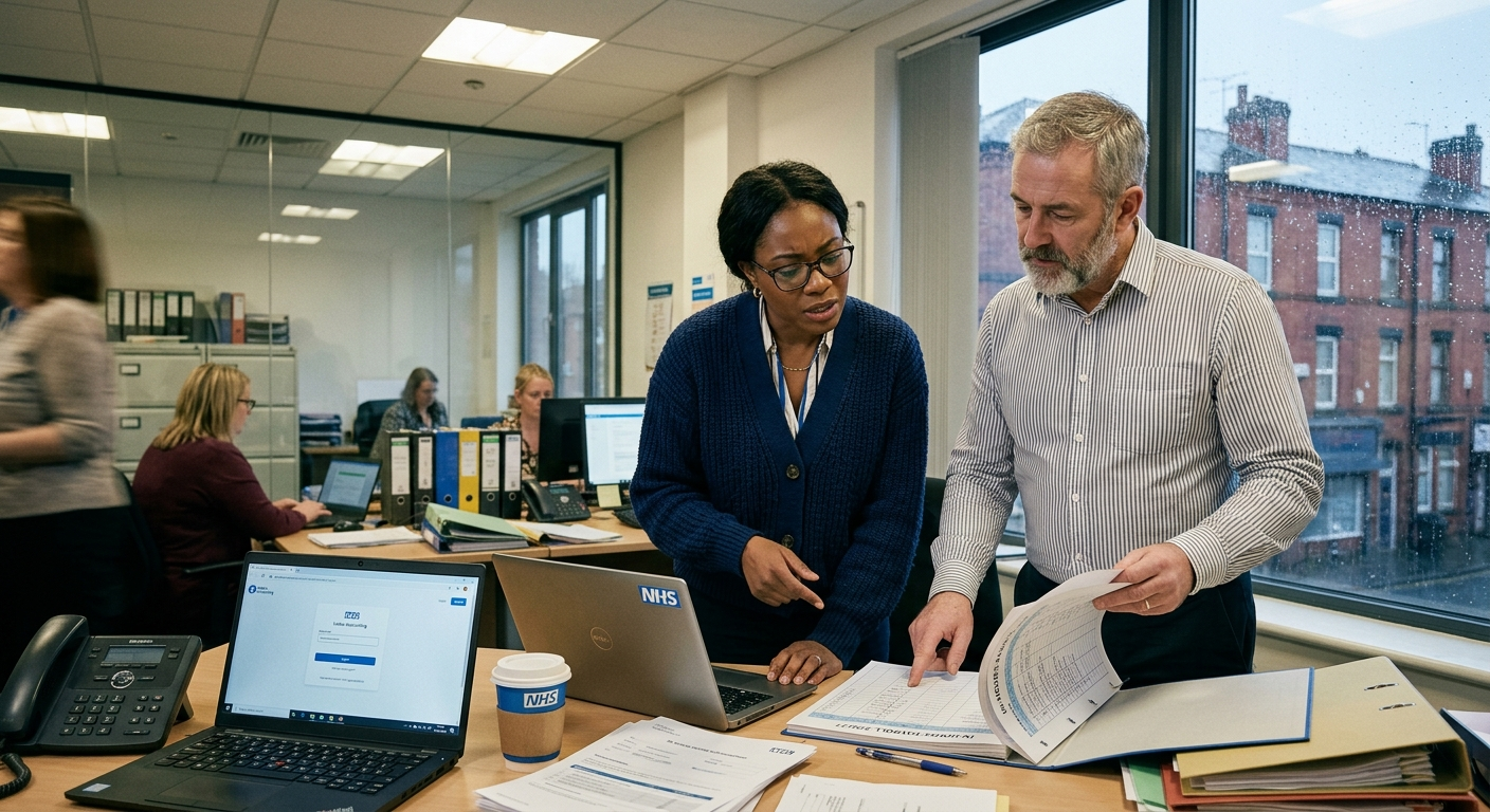 An African American female practice manager and a grey-haired male accountant reviewing NHS payroll spreadsheets and a laptop in a busy UK medical office.