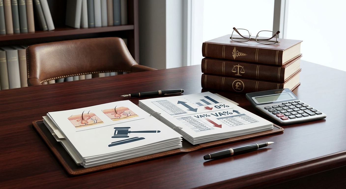 A professionally arranged desk featuring reports on medico-legal services, legal diagrams, a calculator, and specialized accounting books for calculating VAT on medical reports.